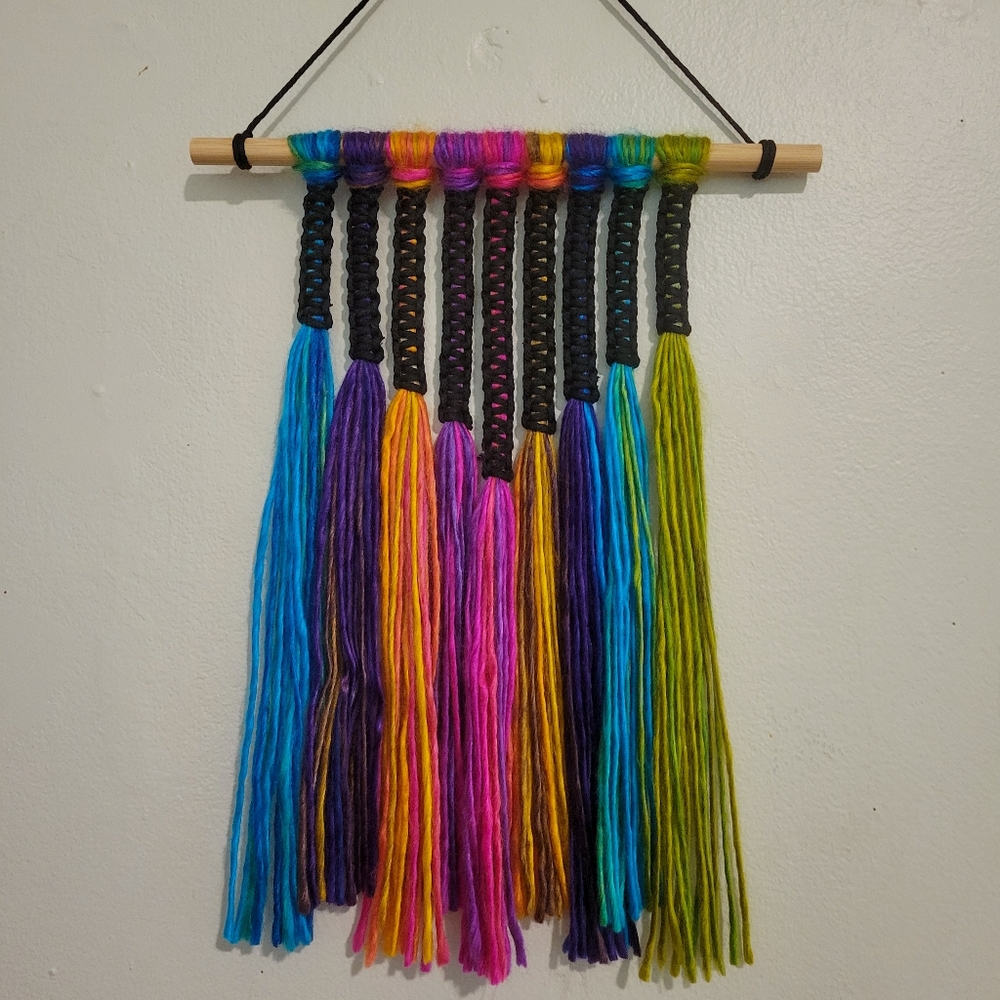 handmade macrame | ombre rainbow & black yarn fiber art wall hanging tapestry
